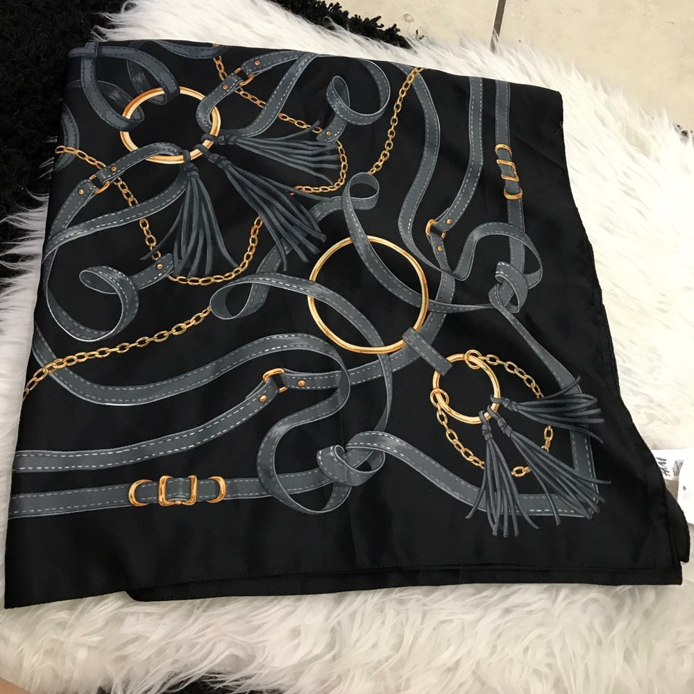 H&M Black Scarf with Gold Chain and Gray Strap Motif